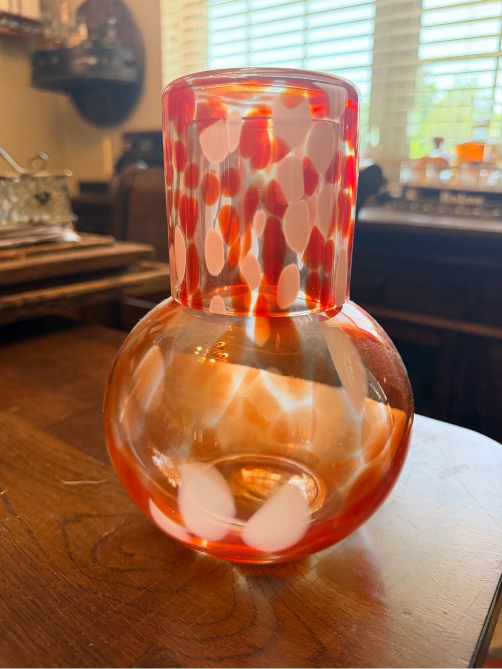 Vintage Blown Glass Decanter Water Art Glass Orange & White Decorative Vase